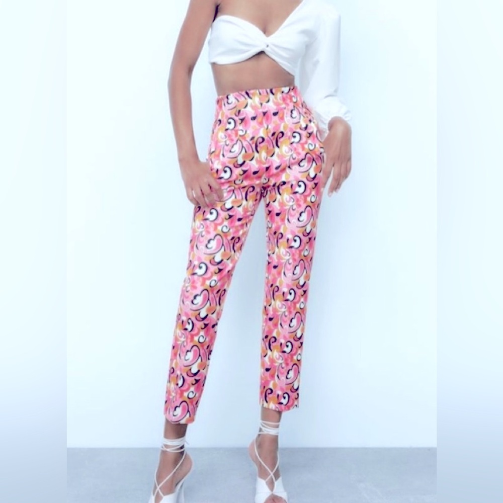 NWOT ZARA PINK FLORAL PAISLEY PANT RETRO STYLE SIZE MEDIUM